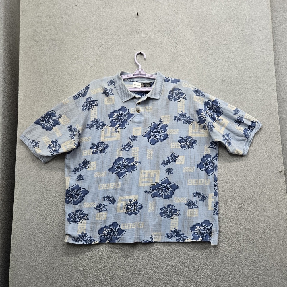 VINTAGE OP Sports Men Polo M Blue Floral Hawaiian Shirt Button Short Sleeve